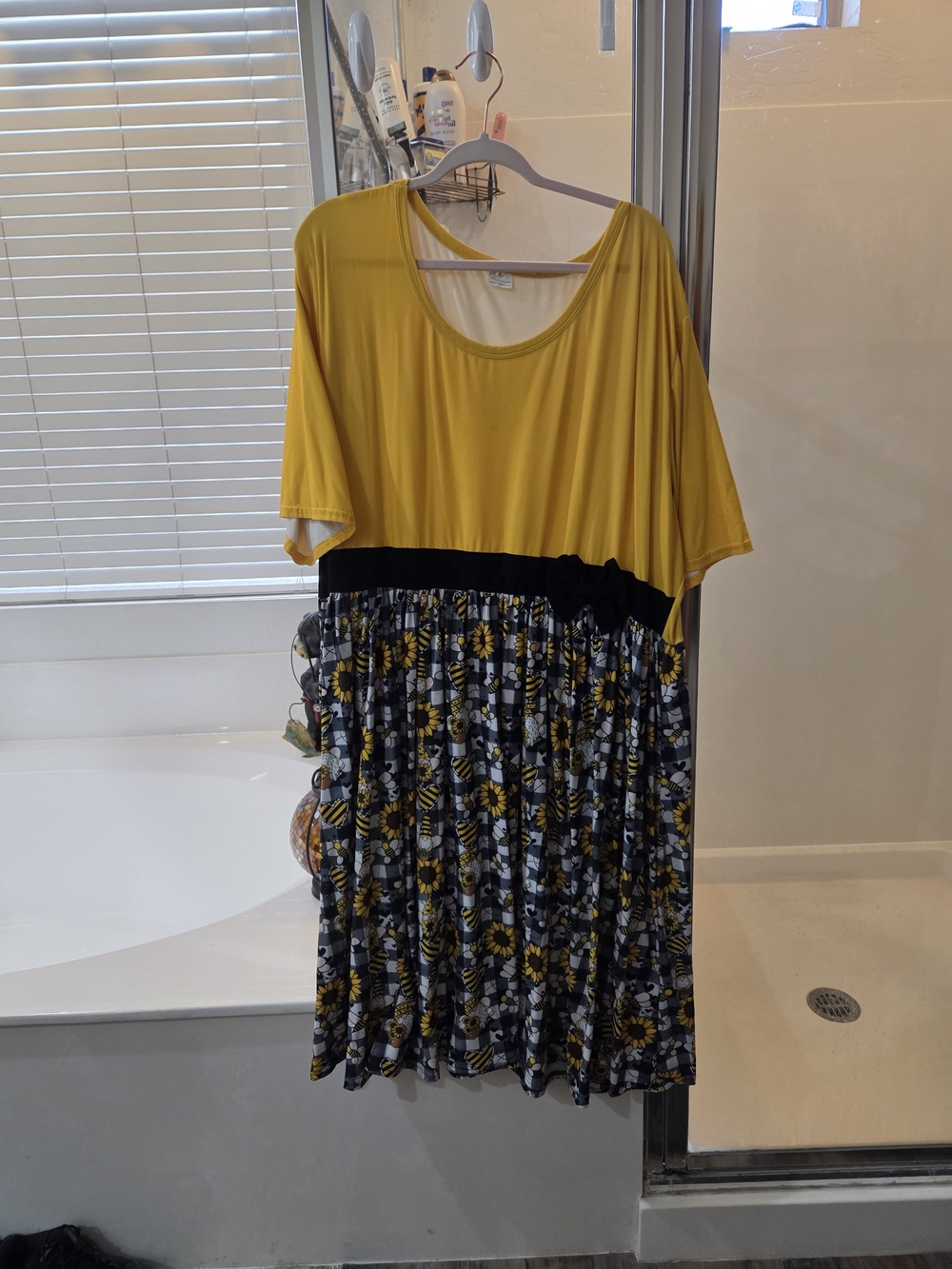 Yellow and Black Floral Midi Dress with Scoop Neck